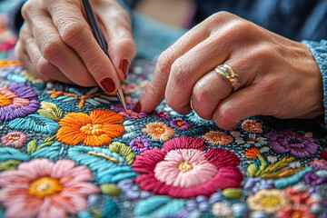 A person embroidering a detailed design in a craft room.