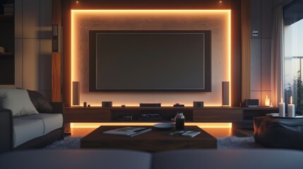 A modern living room with a large screen TV and warm lighting, perfect for movie nights or relaxing.