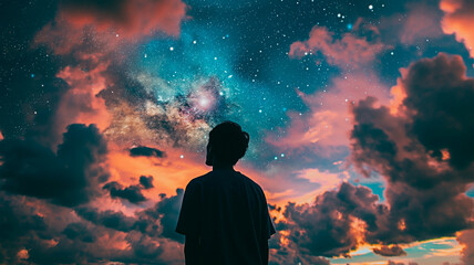 Silhouette of young man star gazing at night. Solitary figure admiring the vast universe under starry night sky.