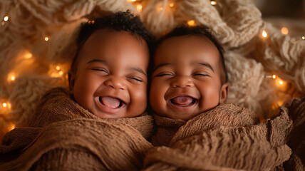 Adorable smiling African American newborns in cozy knit fabric and warm glowing light ambiance during photoshoot.