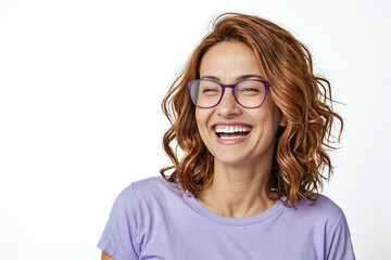 Fototapeta premium Happy Woman Wearing Glasses and Purple T-Shirt
