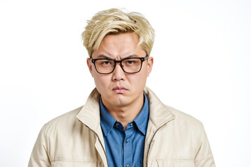 Portrait of a young man with blond hair and glasses, looking serious
