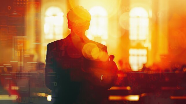 A person stands in a church, bathed in warm light, with an audience blurred in the background.  The image evokes a sense of faith and community.