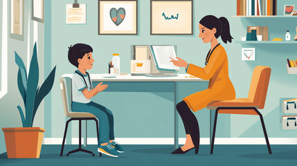 Fototapeta premium Illustration, Nurse with Young Patient in Clinic. Doctor taking care of a young boy or girl. Health care theme. Illustration for info brochure in hospital, children’s level.