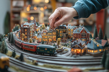 A person playing with a model train set in a basement.