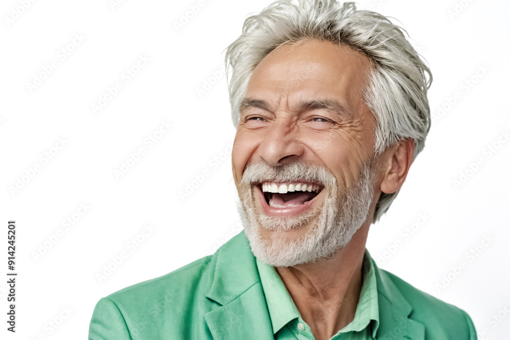 Poster Portrait of a happy senior man laughing with white background