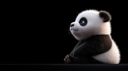 Fototapeta premium Cute baby panda sitting on a black background.