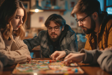 Fototapeta premium A group of friends gathered around a table, deeply engaged in playing a board game together