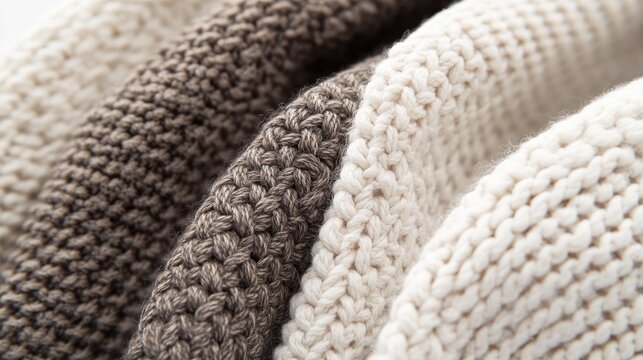 Three soft, knitted sweaters in neutral tones are stacked together, showcasing their texture and inviting warmth during the autumn season