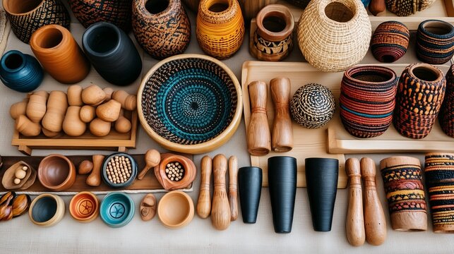A vibrant display of assorted handmade pottery and wooden crafts, featuring a variety of shapes, sizes, and intricate designs.
