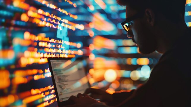 A programmer working late at night, illuminated by the glow of his laptop screen and a wall of code.  The image depicts focus, dedication, and the digital world.