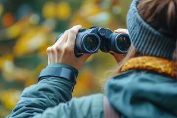 A person birdwatching with binoculars in a park.