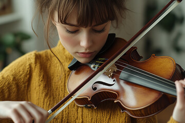 A person playing the violin in a minimalist apartment.