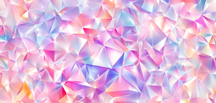 Glowing pastel polygons shimmer with crystal texture in a soft light vector backdrop.