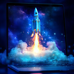 Obraz premium A whimsical digital illustration of a space rocket launching from a laptop screen, surrounded by colorful, fluffy clouds, created using generative AI.