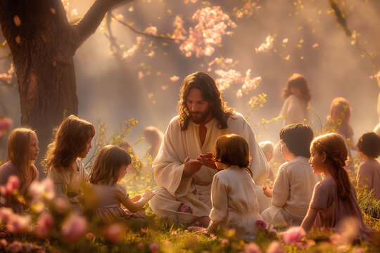 Jesus surrounded by children, blessing them in a serene garden with blossoming trees