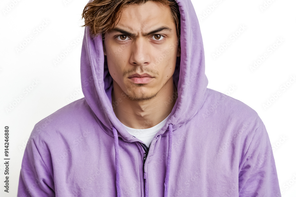 Sticker Serious Young Man Wearing Purple Hoodie