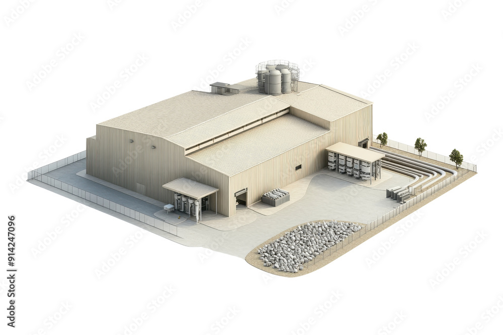 Poster a 3d rendering of an industrial warehouse building with surrounding cargo and structures, showcasing