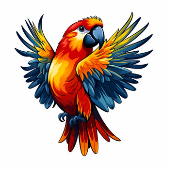 Beautiful colored macaw parrot, cartoon style on a white background