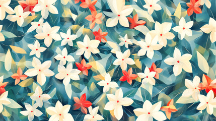 Fototapeta premium Vibrant daisies and tulips bloom on a dark canvas in a flat floral pattern.