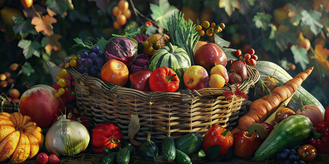 Fresh Harvest: A bounty of fresh fruit and vegetables arranged in a rustic woven basket.