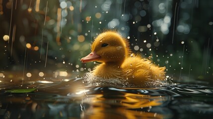 A duck swimming in a farm pond.