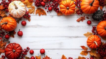Festive Autumn Decor with Pumpkins, Berries, and Leaves