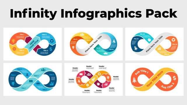 Infinity infographics. Circle Arrows Diagram. Flow puzzle chart. Startup business cycle icon. Clear modern graphic design. 2, 3, 4, 5, 6, 9 steps options . Creative presentation template slide. 