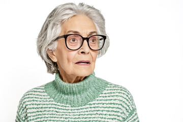 Senior woman looking up in surprise