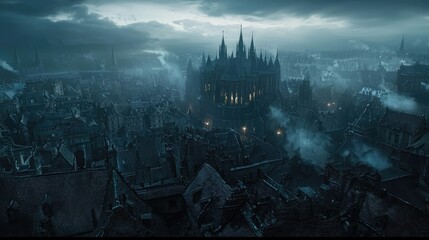 Naklejka premium Gothic castle with tall spires, dark walls, and black fog, under a stormy grayish-blue sky with lightning. Long stone path leads to an abandoned fortress in a fantasy art style.