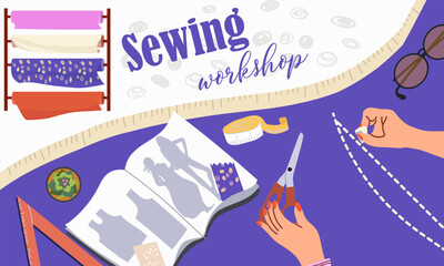 Collage sewing workshop, hand drawn vector illustration vector illustration.