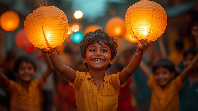 A group of children playing with colorful paper lanterns during Diwali