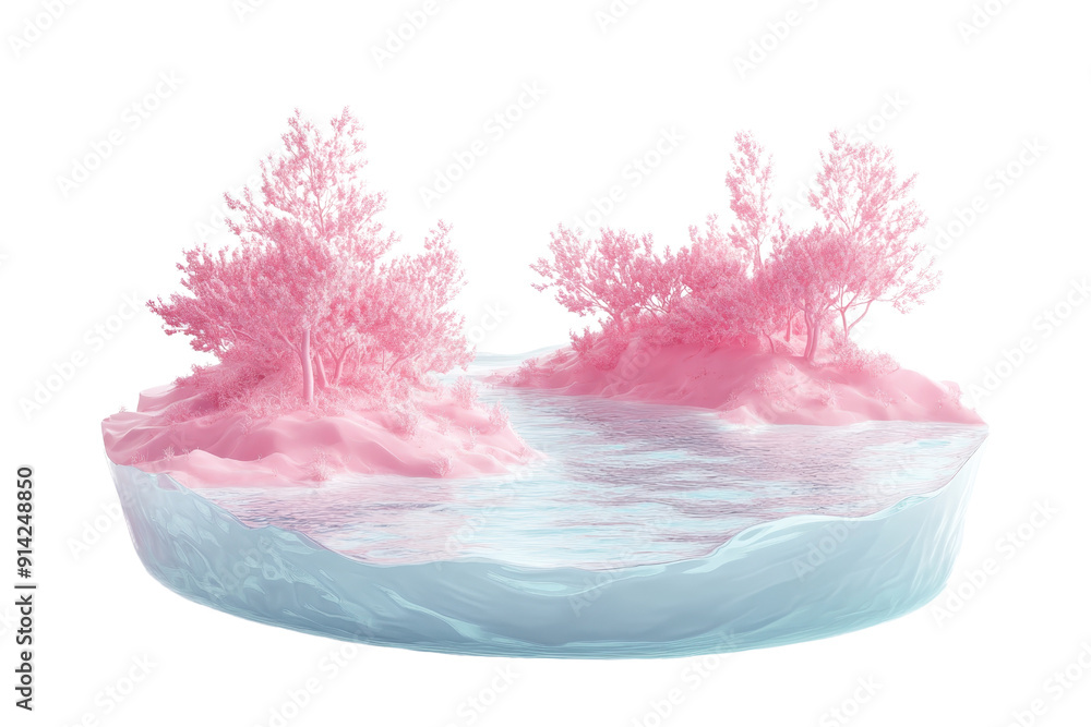 Poster a surreal 3d render of pink trees on an island with a reflective water surface, creating a dreamy an