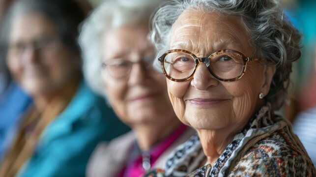 L&auml;chelnde Seniorin in der Gruppe &ndash; Selbstbewusster Auftritt und Gemeinschaft