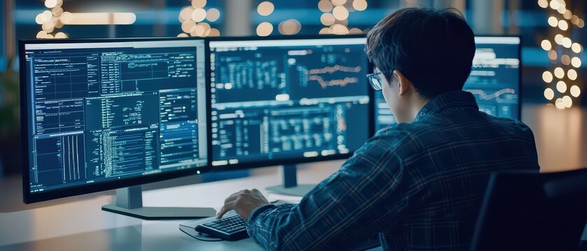 A focused individual coding data analytics on dual monitors in a modern workspace during evening hours.