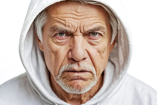 Closeup Portrait of an Angry Senior Man in a White Hoodie