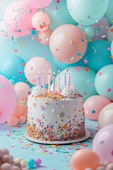 A birthday cake with six candles on it is surrounded by colorful balloons