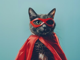 A curious cat dressed as a superhero, with a bright red cape and trendy sunglasses