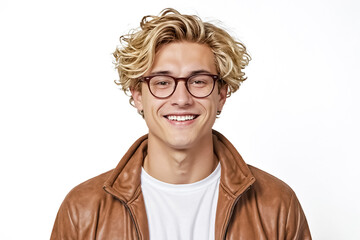 Obraz premium Portrait of a happy young man in glasses wearing a brown leather jacket