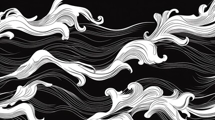 Fototapeta premium Flowing Wave Vector Pattern on Black Background - Seamless Wavy Lines Design Illustration