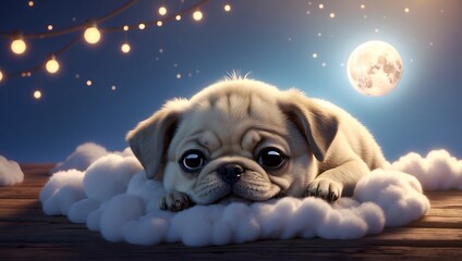 A cute pug sleeping with moon background