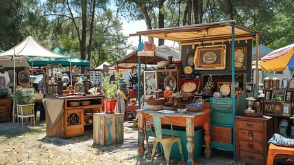 Outdoor Market Stalls with Rustic Furniture and Vintage Decor