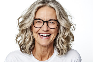 Fototapeta premium Portrait of a beautiful middle-aged woman with grey hair laughing happily