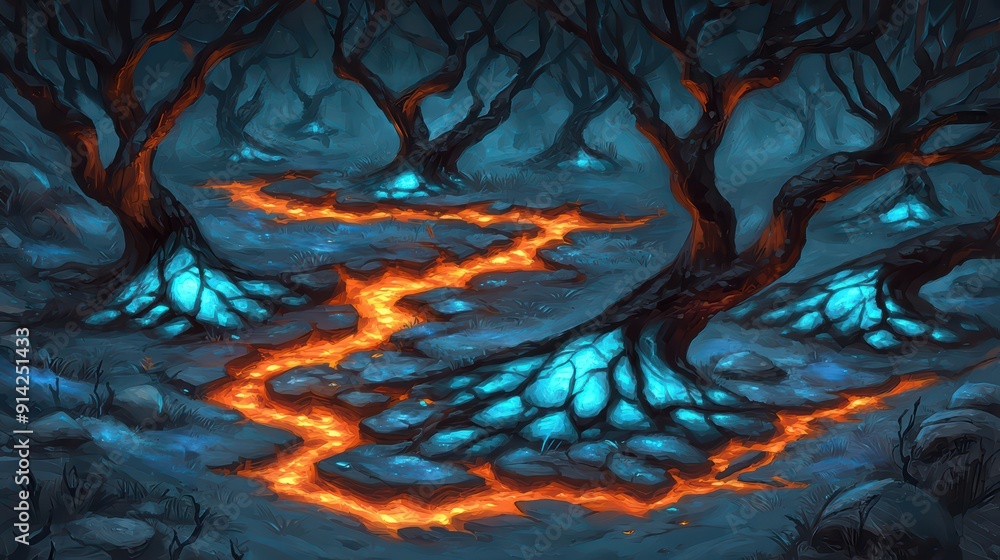 Poster a mystical forest with glowing trees and a flowing lava stream, creating an enchanting yet eerie atm