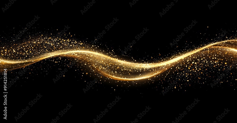 Poster golden fragrance flow effect with glitter fluid sparkles and gleaming flares. golden smoke particles