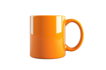 Bright orange coffee mug isolated on a transparent background. Perfect for beverage advertising, branding, or design purposes.
