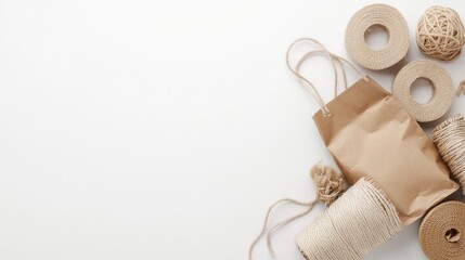 Brown paper bags and twine are artistically arranged, creating a cozy crafting atmosphere with a clean, organized workspace