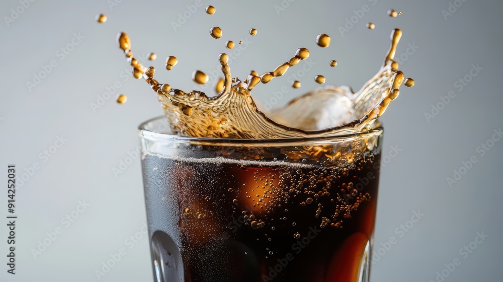 Poster a refreshing glass of cola with ice, showcasing a dynamic splash and bubbles against a neutral backg