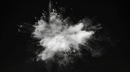 White powder explosion with white dust particles splashed on black background.