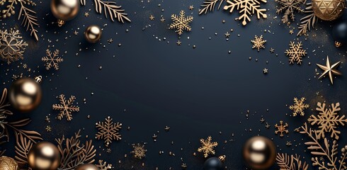 A black background with gold snowflakes and gold balls